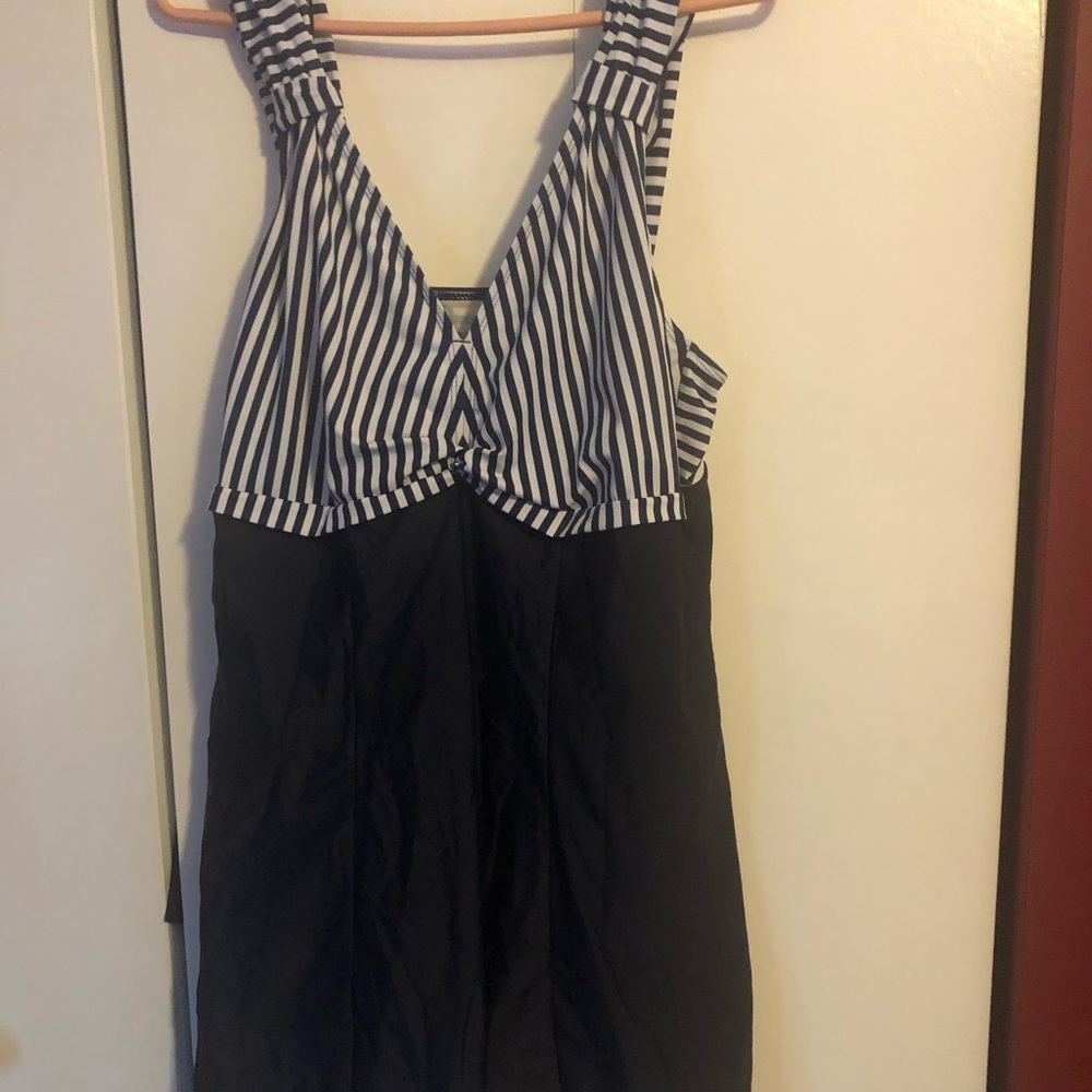 Flattering-Striped Blue & White bathing suit , solid blue bottom,